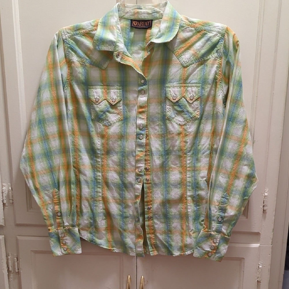 Ariat Women's Green and Orange Plaid Shirt L